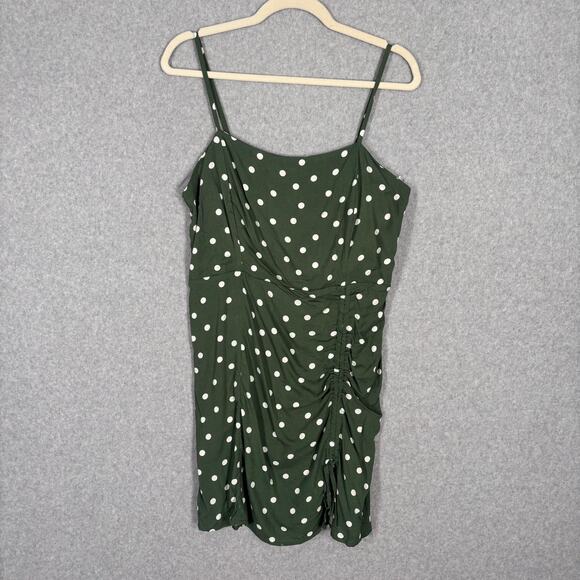 Y2K Aeropostale Dress Large Green Polka Dot Ruched Smocked Feminine 90s Skater - Picture 1 of 12
